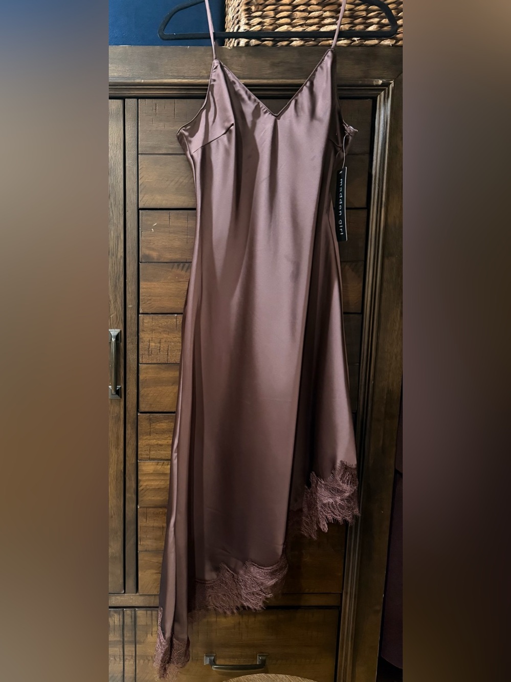Madden Girl Asymmetrical Satin Slip Dress in Brown with Lace Trim